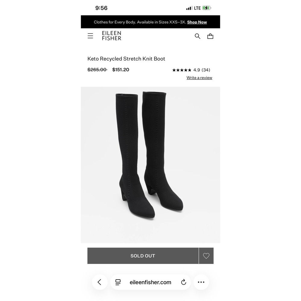 Eileen Fisher Keto Recycled Stretch Knit Tall Boot Black Size 9M New $265